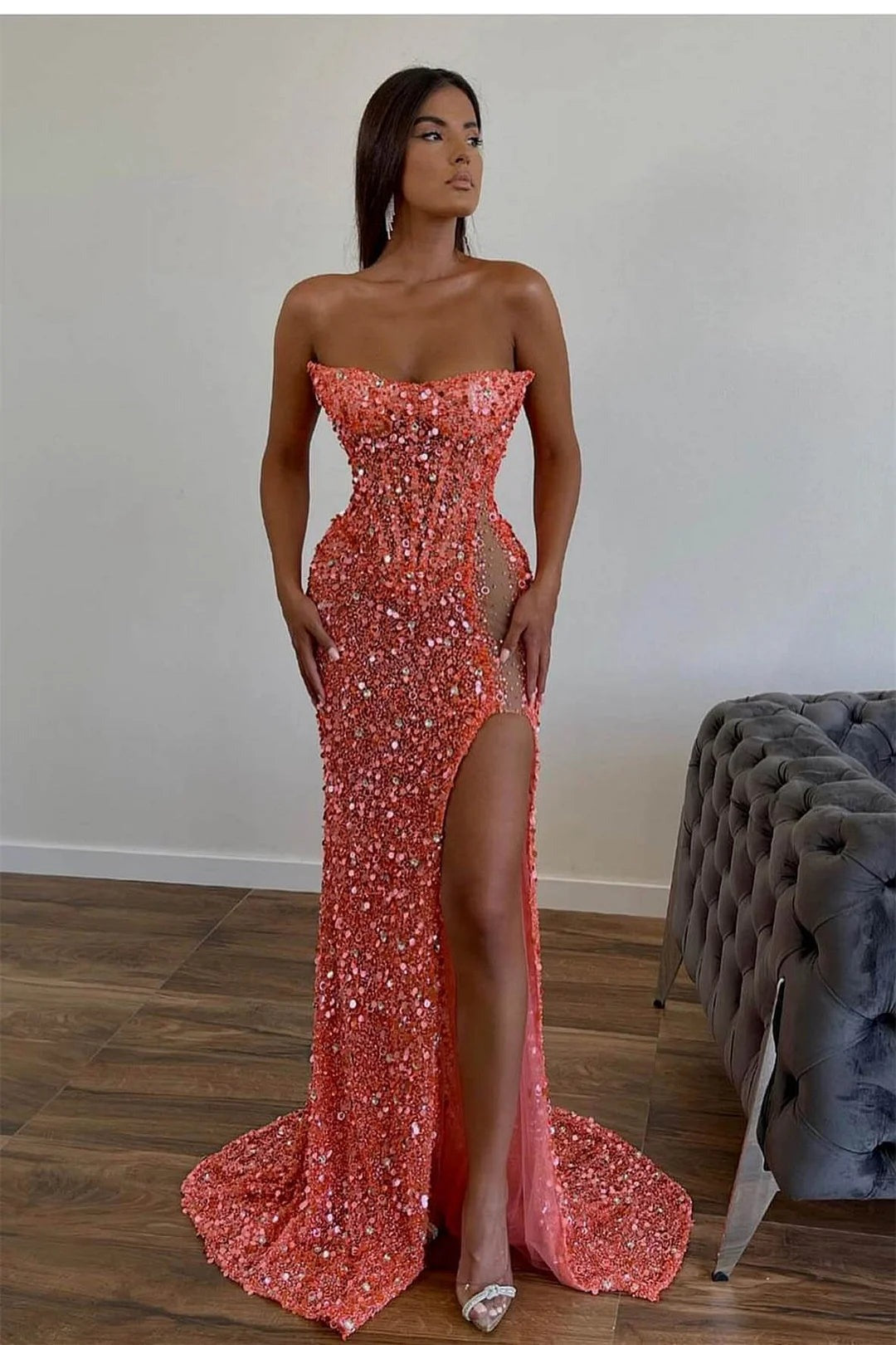 Sequined Strapless Sleeveless Prom Dress with Split Front and Sweep Train-27dress