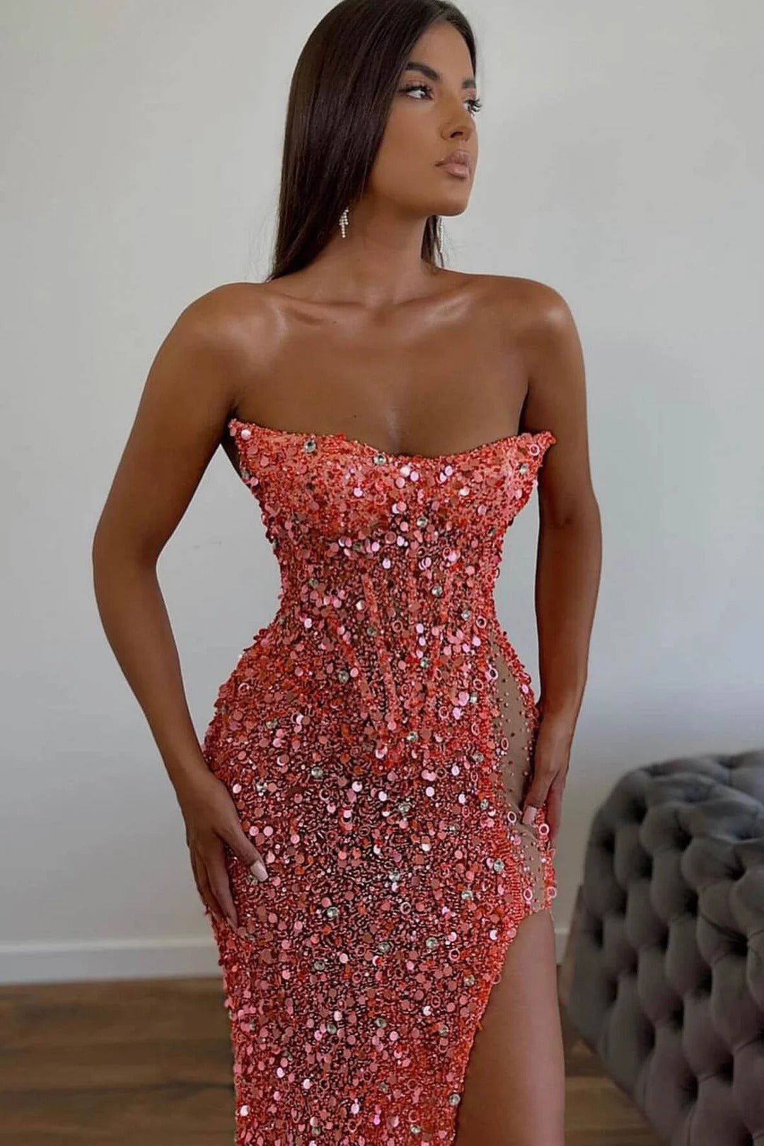 Sequined Strapless Sleeveless Prom Dress with Split Front and Sweep Train-27dress