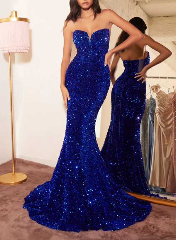 Sequined Sweep Train Prom Dress with Sequins for Trumpet/Mermaid Sleeveless Strapless-27dress