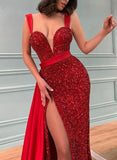 Sequined Sweetheart Prom Dress with Split Front Sequins and Sheath/Column Sweep Train-27dress