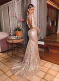 Sequined Trumpet/Mermaid Prom Dress with V-Neck and Long Sleeves and Sweep Train and Sequins Back Hole-27dress