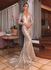 Sequined Trumpet/Mermaid Prom Dress with V-Neck and Long Sleeves and Sweep Train and Sequins Back Hole-27dress