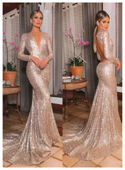 Sequined Trumpet/Mermaid Prom Dress with V-Neck and Long Sleeves and Sweep Train and Sequins Back Hole-27dress