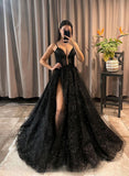 Sequined V-Neck Long Prom Dress with Appliques Lace-27dress