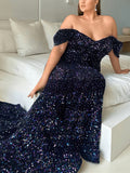 Sequins Sweep Train Off-the-shoulder Velvet Prom Dresses in Sheath/Column Style