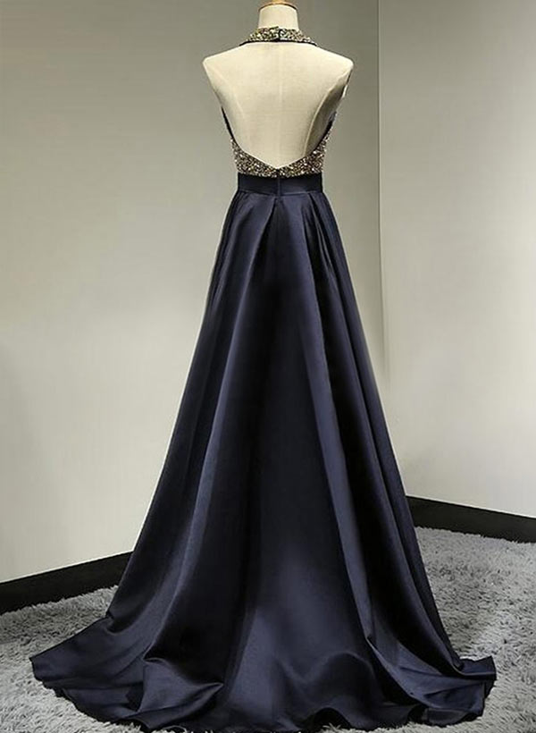 Sexy A-Line Halter Satin Beading Open Back Long Prom Dress-27dress