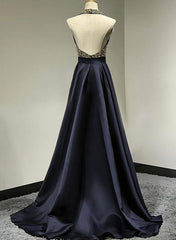 Sexy A-Line Halter Satin Beading Open Back Long Prom Dress-27dress