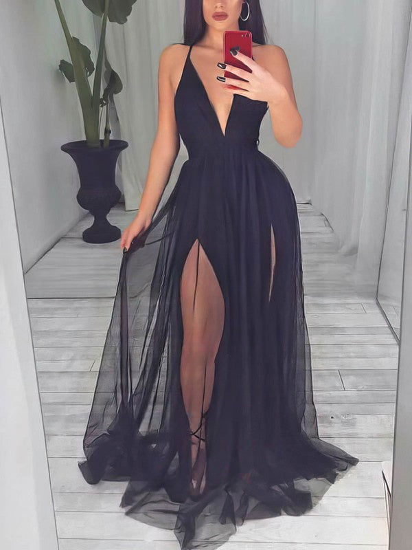 Sexy A-Line V-Neck Tulle Floor-Length Prom Dress with Split Front-27dress