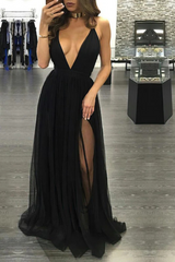 Sexy A-Line V-Neck Tulle Floor-Length Prom Dress with Split Front-27dress