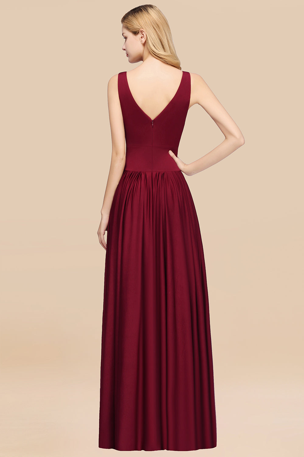 Sexy Deep V-Neck Sleeveless Bridesmaid Dress Burgundy Chiffon Wedding Party Dress-27dress