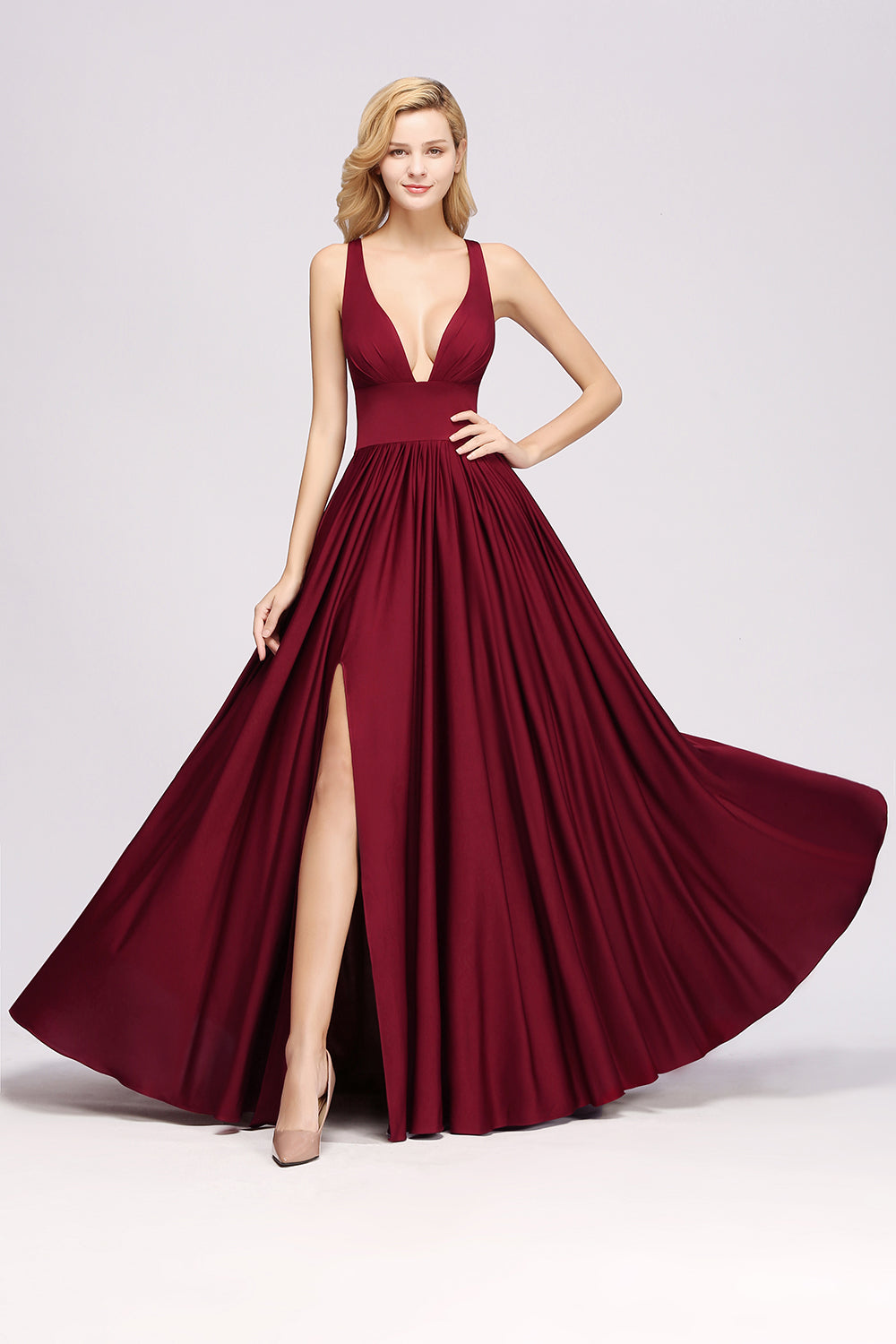 Sexy Deep V-Neck Sleeveless Bridesmaid Dress Burgundy Chiffon Wedding Party Dress-27dress