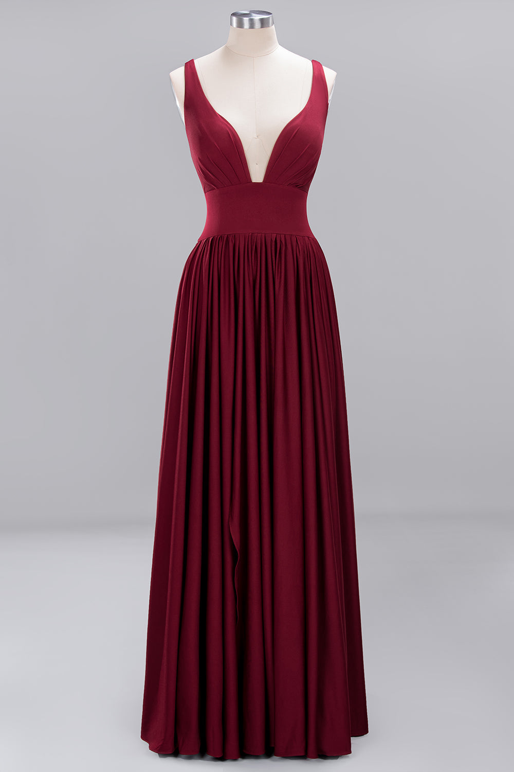 Sexy Deep V-Neck Sleeveless Bridesmaid Dress Burgundy Chiffon Wedding Party Dress-27dress