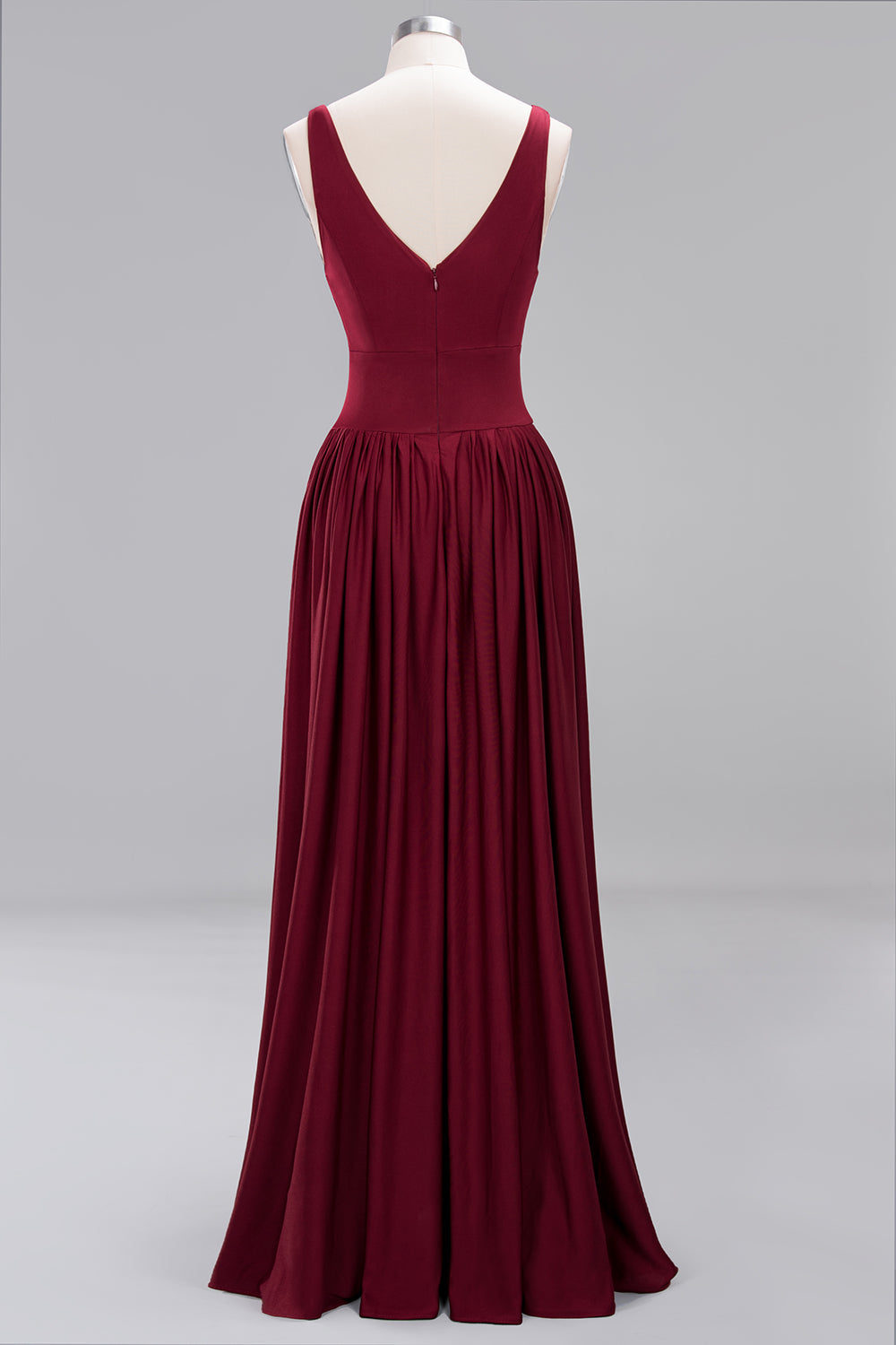 Sexy Deep V-Neck Sleeveless Bridesmaid Dress Burgundy Chiffon Wedding Party Dress-27dress