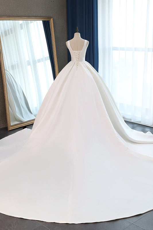 Sexy Deep-V-Neck Straps Satin Wedding Dress Ball Gown Ruffles Sleeveless Bridal Gowns Online-27dress