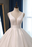 Sexy Deep-V-Neck Straps Satin Wedding Dress Ball Gown Ruffles Sleeveless Bridal Gowns Online-27dress