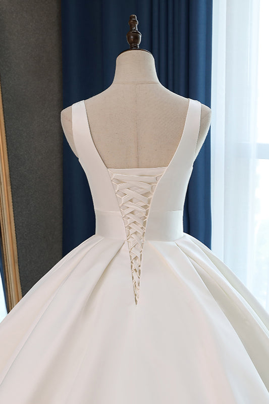 Sexy Deep-V-Neck Straps Satin Wedding Dress Ball Gown Ruffles Sleeveless Bridal Gowns Online-27dress