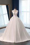 Sexy Deep-V-Neck Straps Satin Wedding Dress Ball Gown Ruffles Sleeveless Bridal Gowns Online-27dress