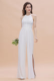 Sexy Halter Backless Lace Bridesmaid Jumpsuit with Slits On Sale-27dress