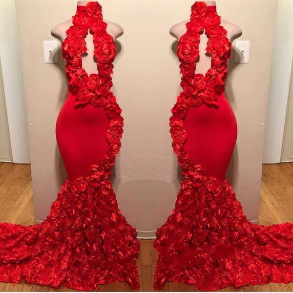 Sexy Long Mermaid Flowers High Neck Red Prom Dresses-27Dress