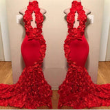 Sexy Long Mermaid Flowers High Neck Red Prom Dresses-27Dress