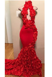 Sexy Long Mermaid Flowers High Neck Red Prom Dresses-27Dress