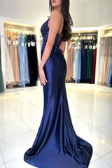 Sexy Navy Blue Mermaid V-neck Spaghetti Straps Lace Prom Dress With Slit-27dress