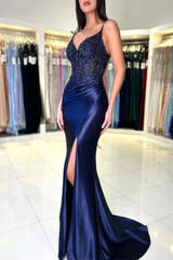 Sexy Navy Blue Mermaid V-neck Spaghetti Straps Lace Prom Dress With Slit-27dress