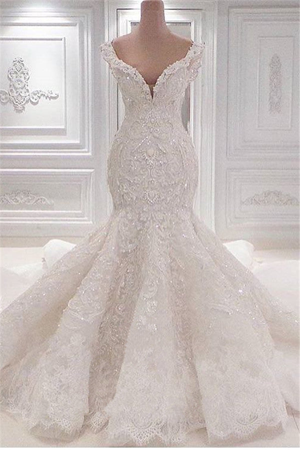 Sexy Off-the-shoulder White Lace Wedding Dresses With Appliques A-line Mermaid Bridal Gowns On Sale-27dress