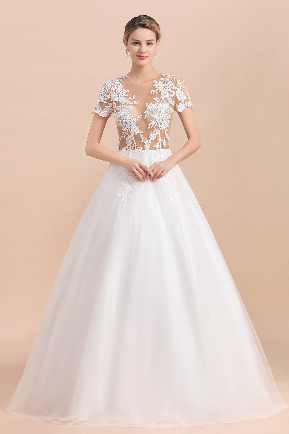 Sexy See Through Tulle Appliques Short Sleeves Wedding Dress-27dress