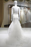 Sexy Spaghetti-Straps Tulle Wedding Dress V-Neck Sleeveless Appliques Beading Bridal Gowns On Sale-27dress