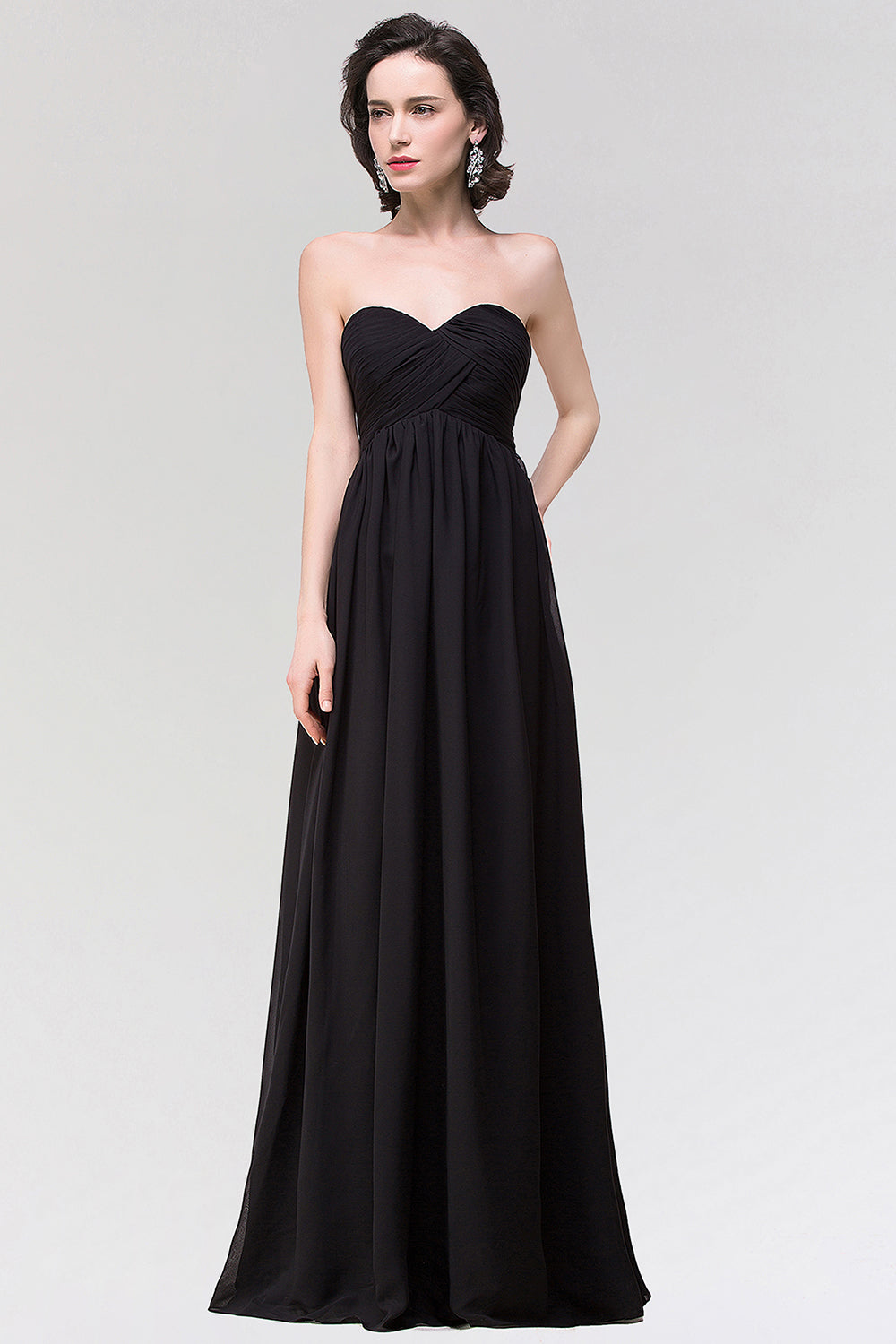 Sexy Strapless Sweetheart Long Black Chiffon Bridesmaid Dress with Ruffles-27dress