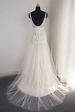 Sexy Straps Deep-V-Neck Tulle Appliques Wedding Dress Sleeveless Ruffles Lace Bridal Gowns Online-27dress