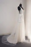 Sexy Straps Deep-V-Neck Tulle Appliques Wedding Dress Sleeveless Ruffles Lace Bridal Gowns Online-27dress