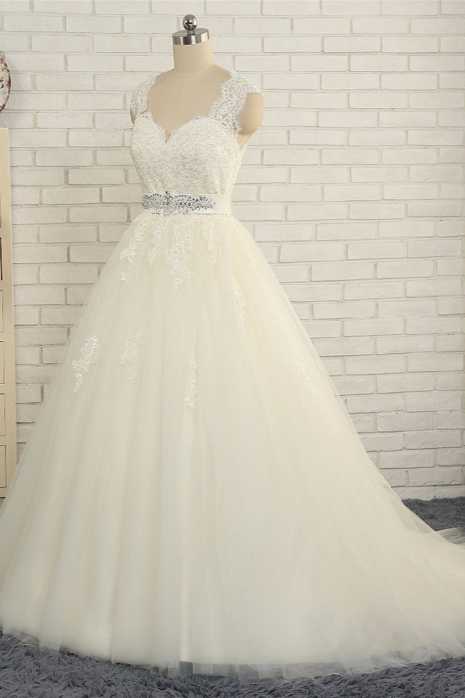 Sexy Straps Sleeveless Lace Wedding Dresses With Appliques A line Tulle Ruffles Bridal Gowns On Sale-27dress