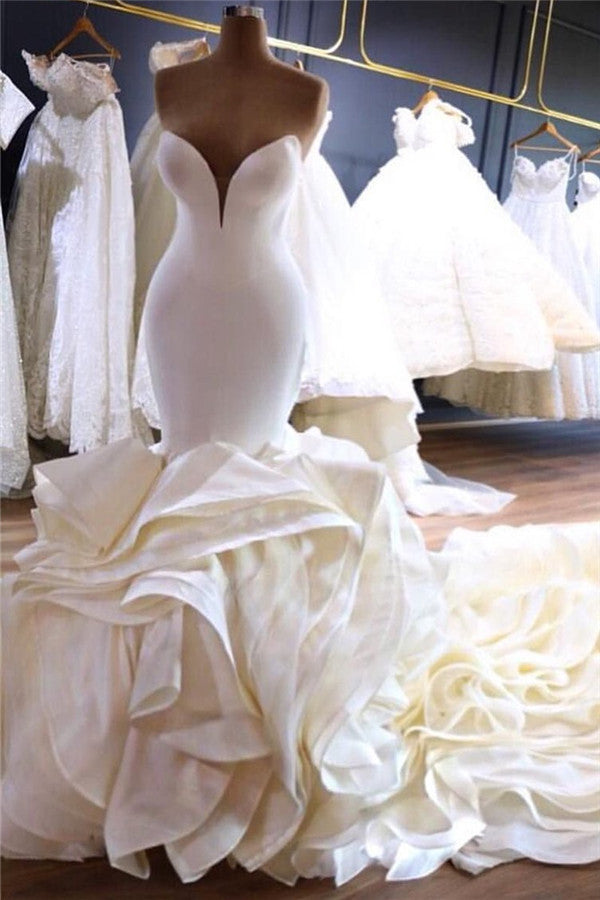 Sexy Sweetheart White Satin Wedding Dresses Mermaid Ruffles Bridal Gowns On Sale-27dress