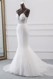 Sexy Tulle Spaghetti Straps Mermaid White Wedding Dresses with Rhinestones Online-27dress