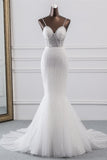 Sexy Tulle Spaghetti Straps Mermaid White Wedding Dresses with Rhinestones Online-27dress