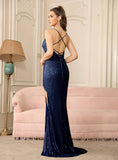 Sexy V-Neck Glitter Sequin Floor Length Dress with Slit - 27Dress