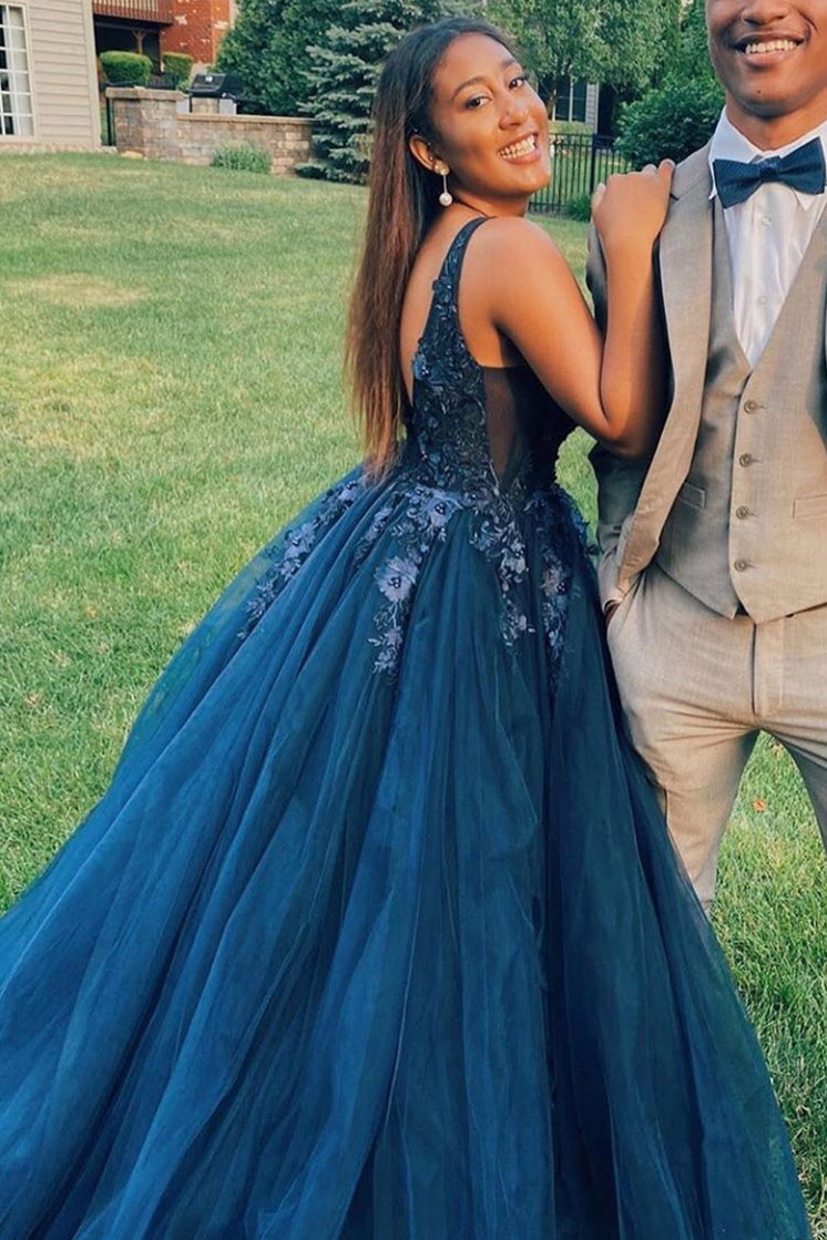 Sexy V-Neck Long Navy Blue Prom Dress with Appliques