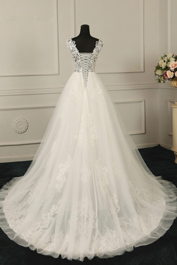 Sexy V-Neck Sleeveless Tulle Wedding Dress See Through Top Appliques Bridal Gowns On Sale-27dress