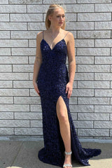 Sexy V-Neck Spaghetti Straps Sequined Long Prom Dress with Slit-27dress