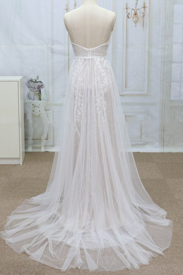 Sexy V-neck Straps Sleeveless Wedding Dresses Lace Appliques Tulle Bridal Gowns On Sale-27dress