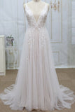 Sexy V-neck Straps Sleeveless Wedding Dresses Lace Appliques Tulle Bridal Gowns On Sale-27dress