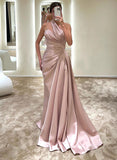 Sheath Column One-Shoulder Satin Prom Dress with Sleeveless and Sweep Train-27dress