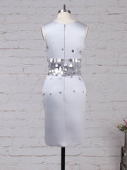 Sheath Column Scoop Neck Satin Knee-length Sequins Mother of the Bride Dress