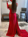 Sheath Column Sweep Train Off-the-shoulder Satin Feathers/Fur Prom Dresses