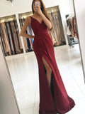 Sheath Column V-neck Satin Ruffles Prom Dresses