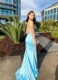 Sheath Sweetheart Sleeveless Prom Dresses With Split Front and Sweep Train Lace/Elastic Satin-27dress