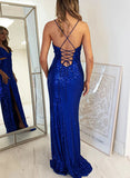 Sheath V-neck Sleeveless Sequined Prom Dress with Split Front and Sweep Train-27dress