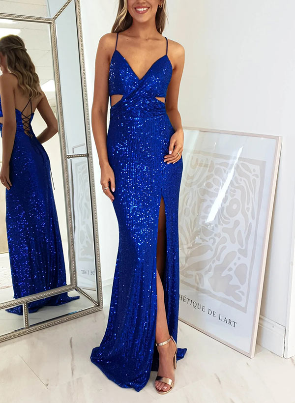 Sheath V-neck Sleeveless Sequined Prom Dress with Split Front and Sweep Train-27dress